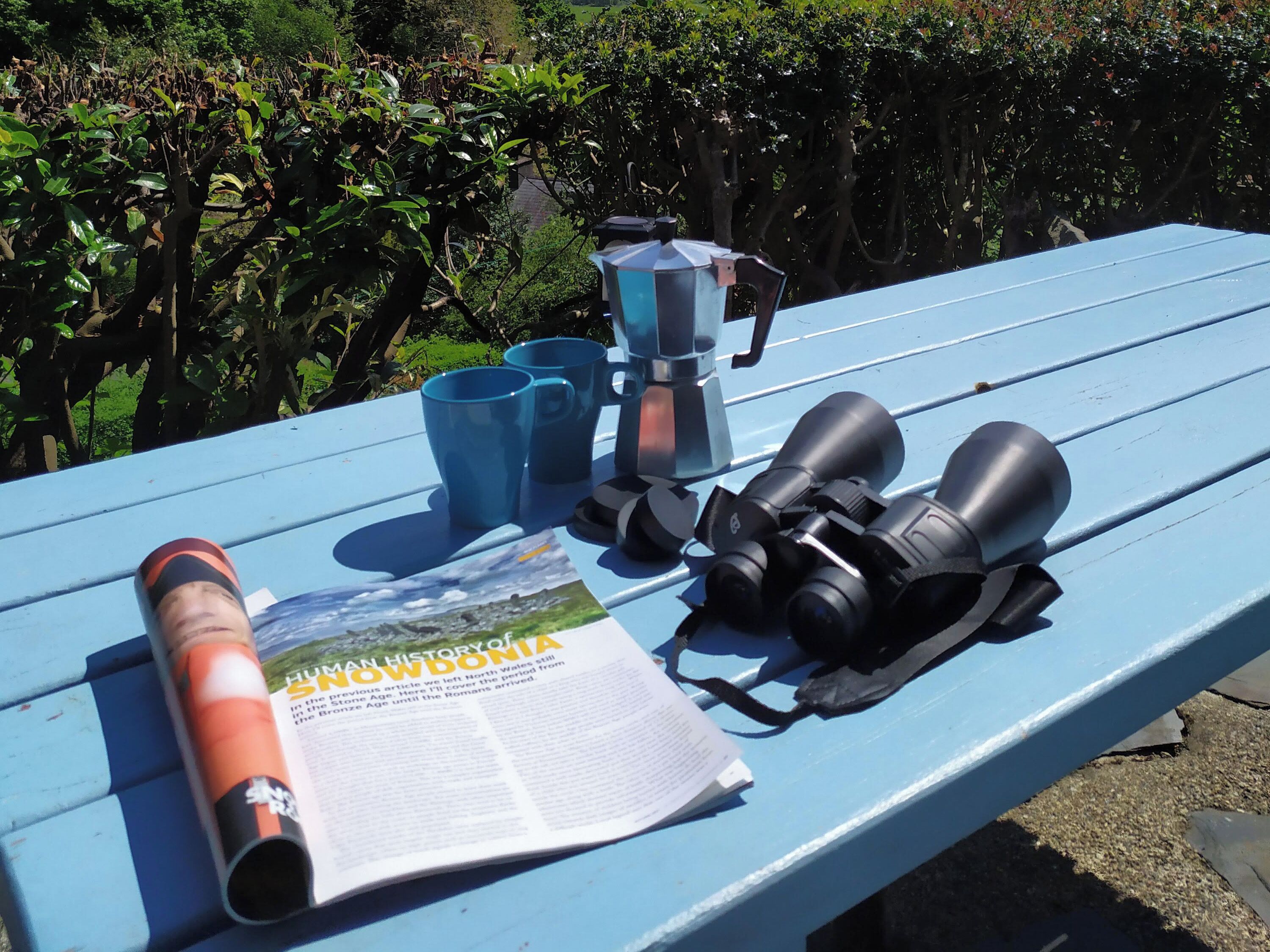 A blue table with a magazine, two blue cups, a coffee maker, and binoculars.