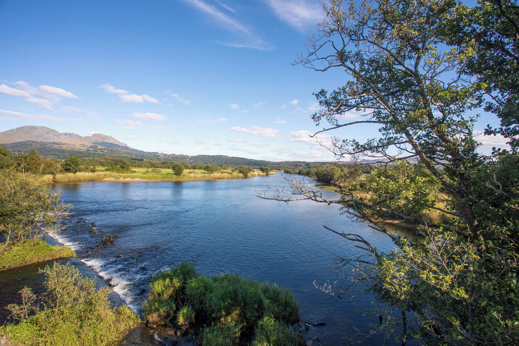 A river flowing through a landscape with trees and hills in the background.
