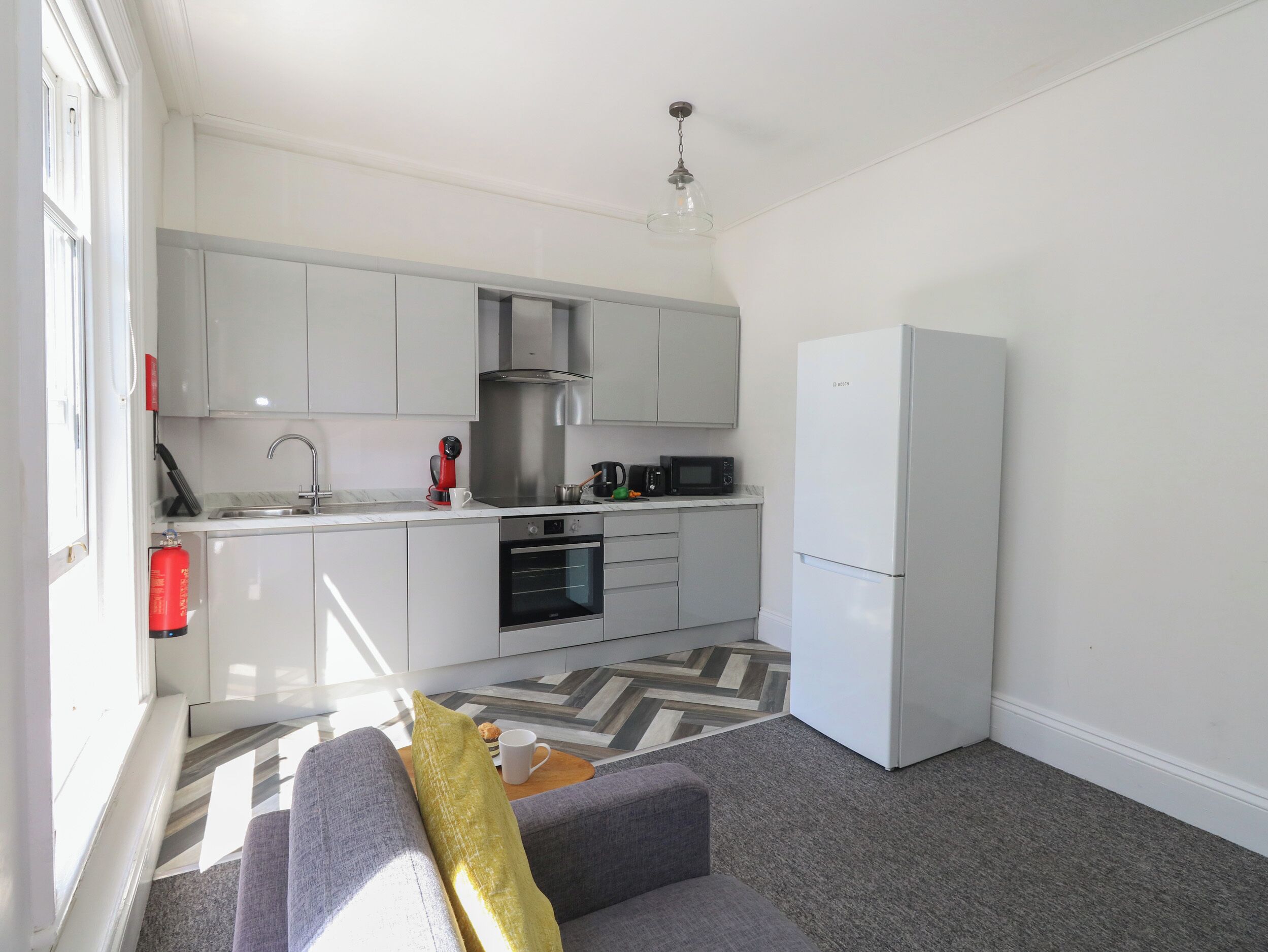 Fridge, dishwasher, electric kettle, toaster