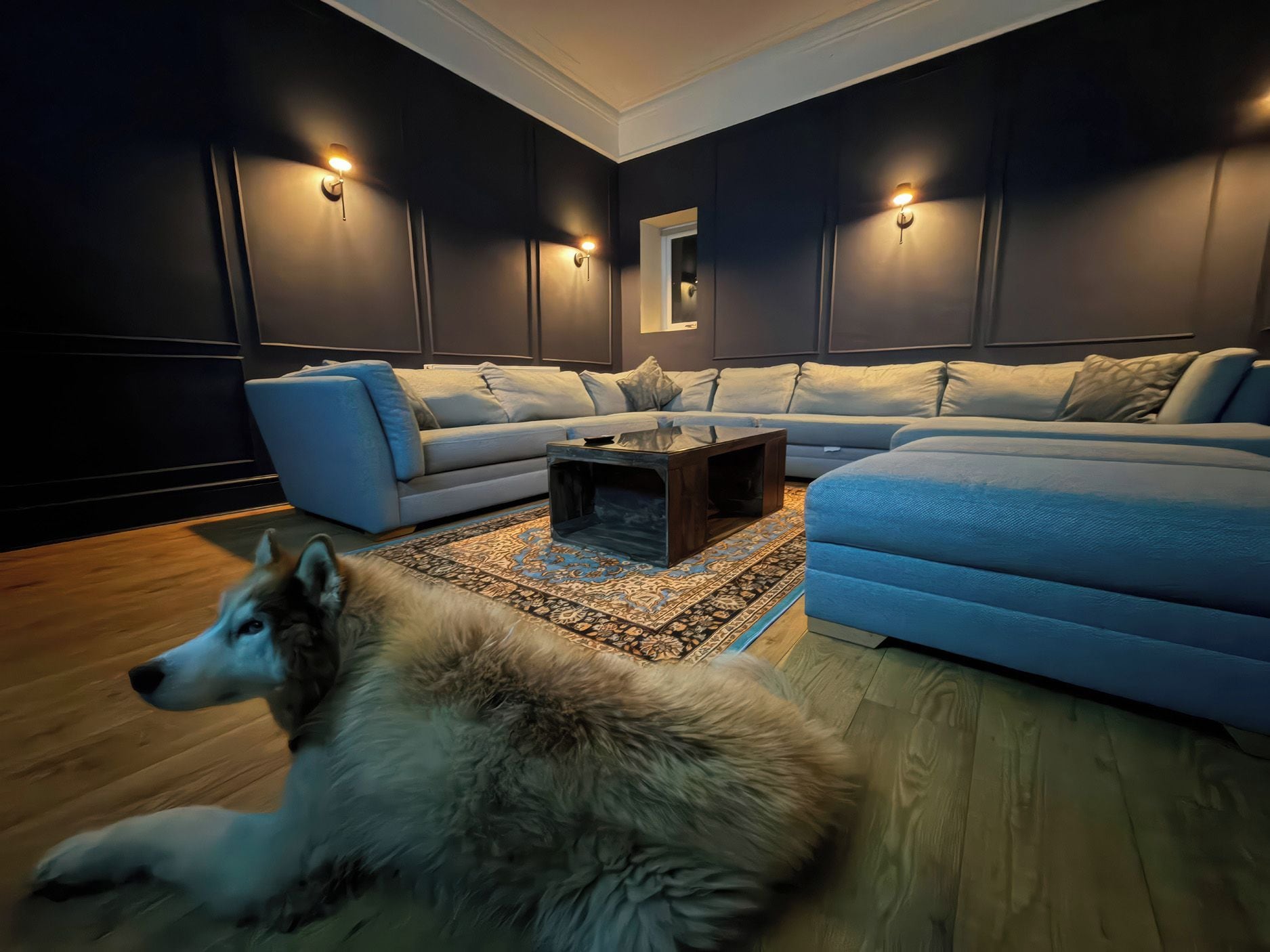A modern living room with a large sofa set, a coffee table, and a dog lying on the floor.