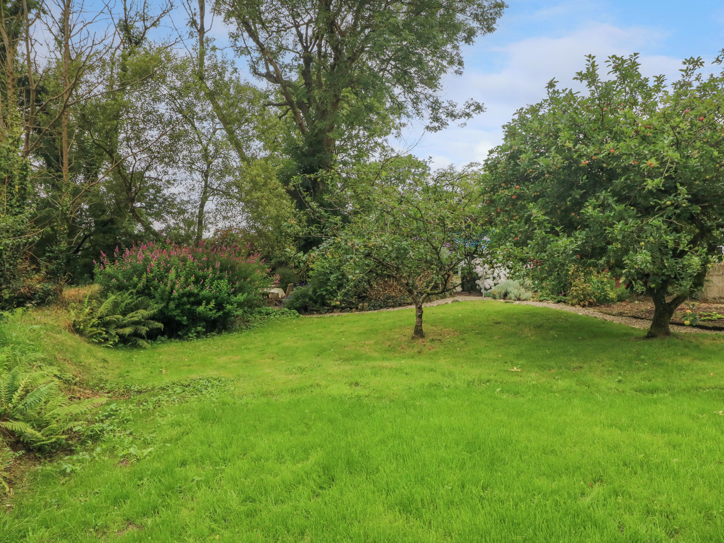 A well-maintained garden with various trees and shrubs, a grassy lawn, and a stone wall.