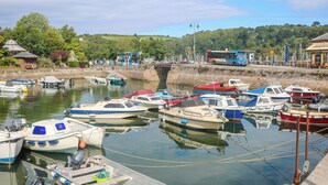 A marina with various boats docked, a bus, and a hill in the background. - 2 De Courcey House (Dartmouth)