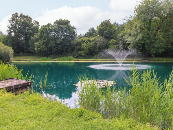 A tranquil pond with a fountain, surrounded by lush greenery and trees. - Stork Lodge (Coalville)