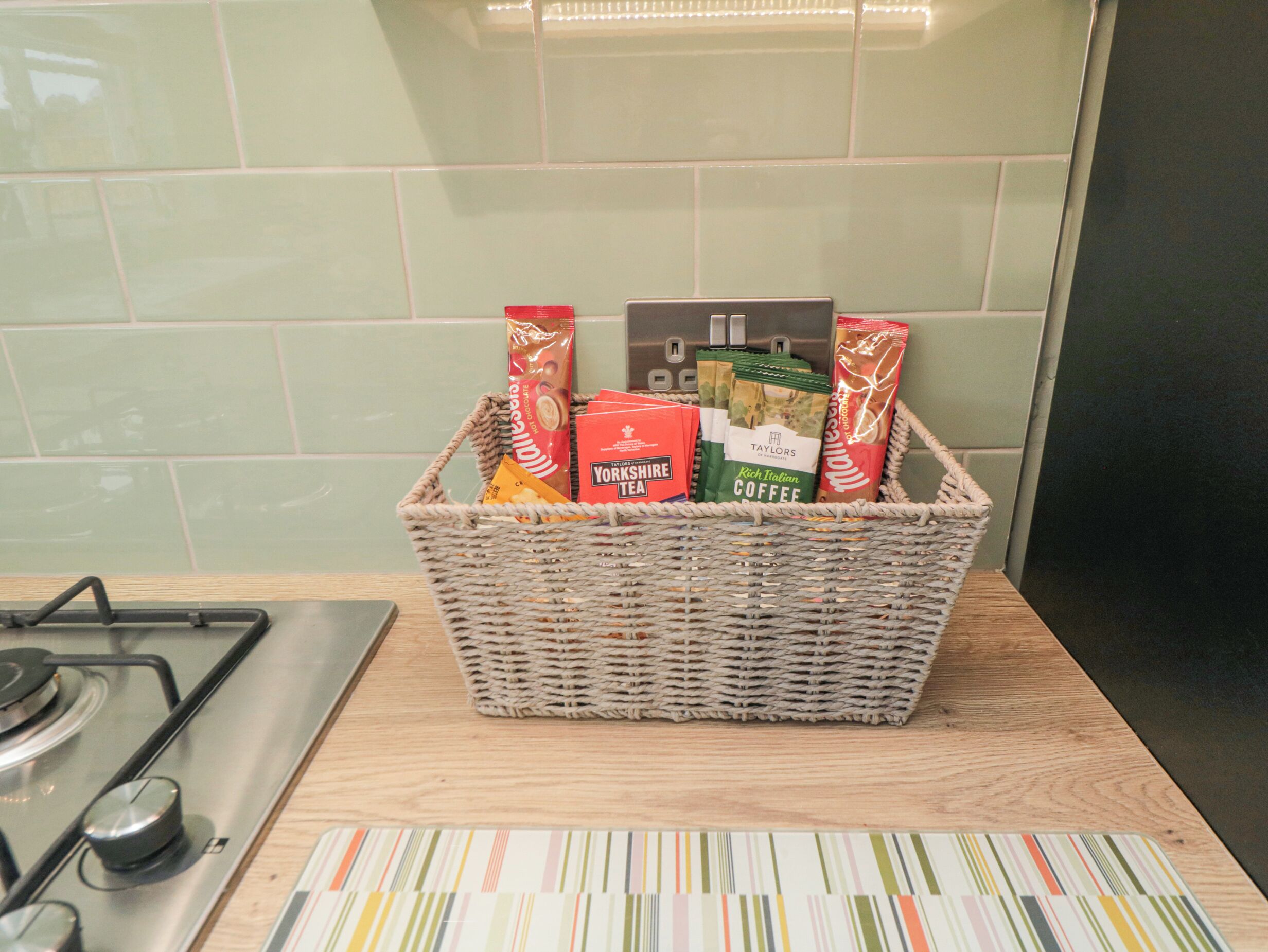 Fridge, electric kettle, cookware/dishes/utensils
