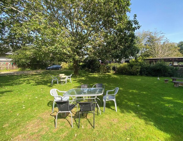 A grassy outdoor area with a table and chairs, surrounded by trees and a wooden structure.
