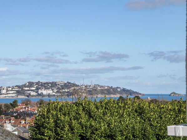 A coastal town with buildings on a hillside overlooking the sea. - Hilltop Cottage (Paignton)