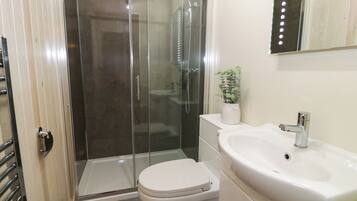 Un baño moderno con ducha de vidrio, inodoro blanco, lavabo con espejo y planta en el mueble.