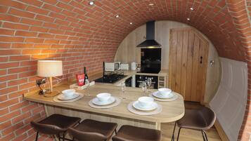 Fridge, electric kettle, toaster, cookware/dishes/utensils