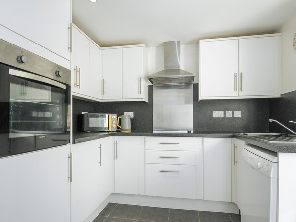 Fridge, dishwasher, electric kettle, toaster