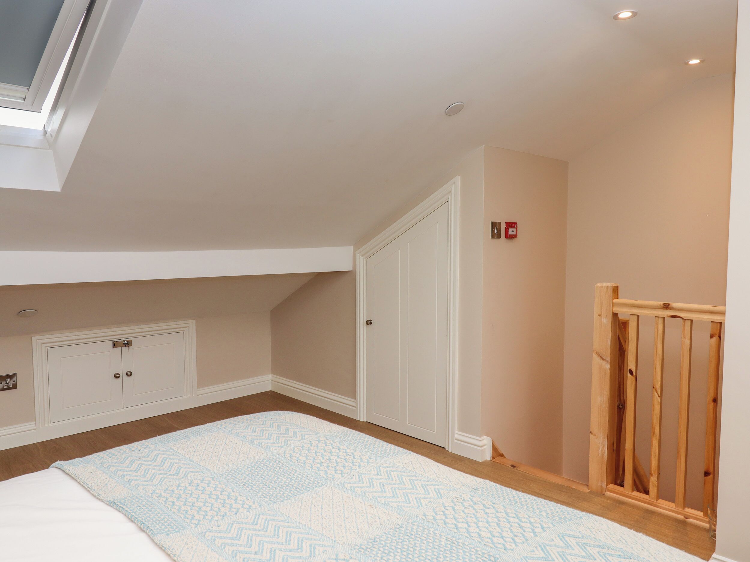 Une chambre avec un puits de lumière, une porte en bois, une armoire blanche et un tapis à motifs.