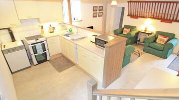 Fridge, electric kettle, toaster, cookware/dishes/utensils