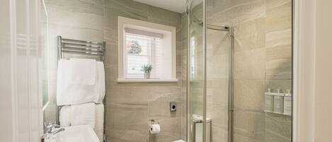 A modern bathroom with a glass-enclosed shower, a toilet, and a sink.