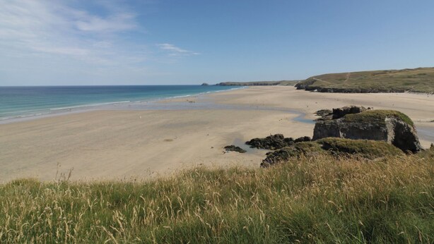 Une plage côtière avec un ciel dégagé, un rivage sablonneux et des dunes herbeuses.