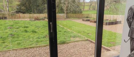 A view through a window of a garden with a wooden fence, gravel path, and greenery.