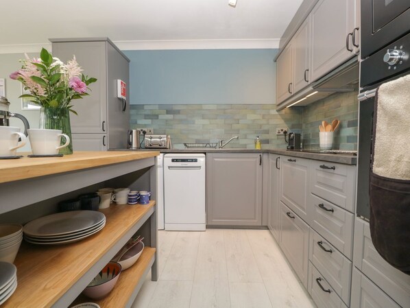 Fridge, dishwasher, electric kettle, toaster