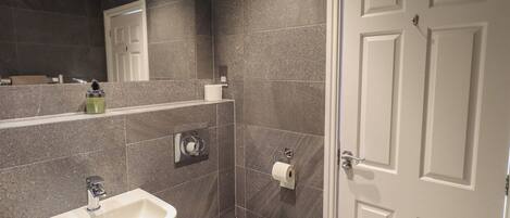 A bathroom with a white sink, toilet, and a door with a mirror above the sink.