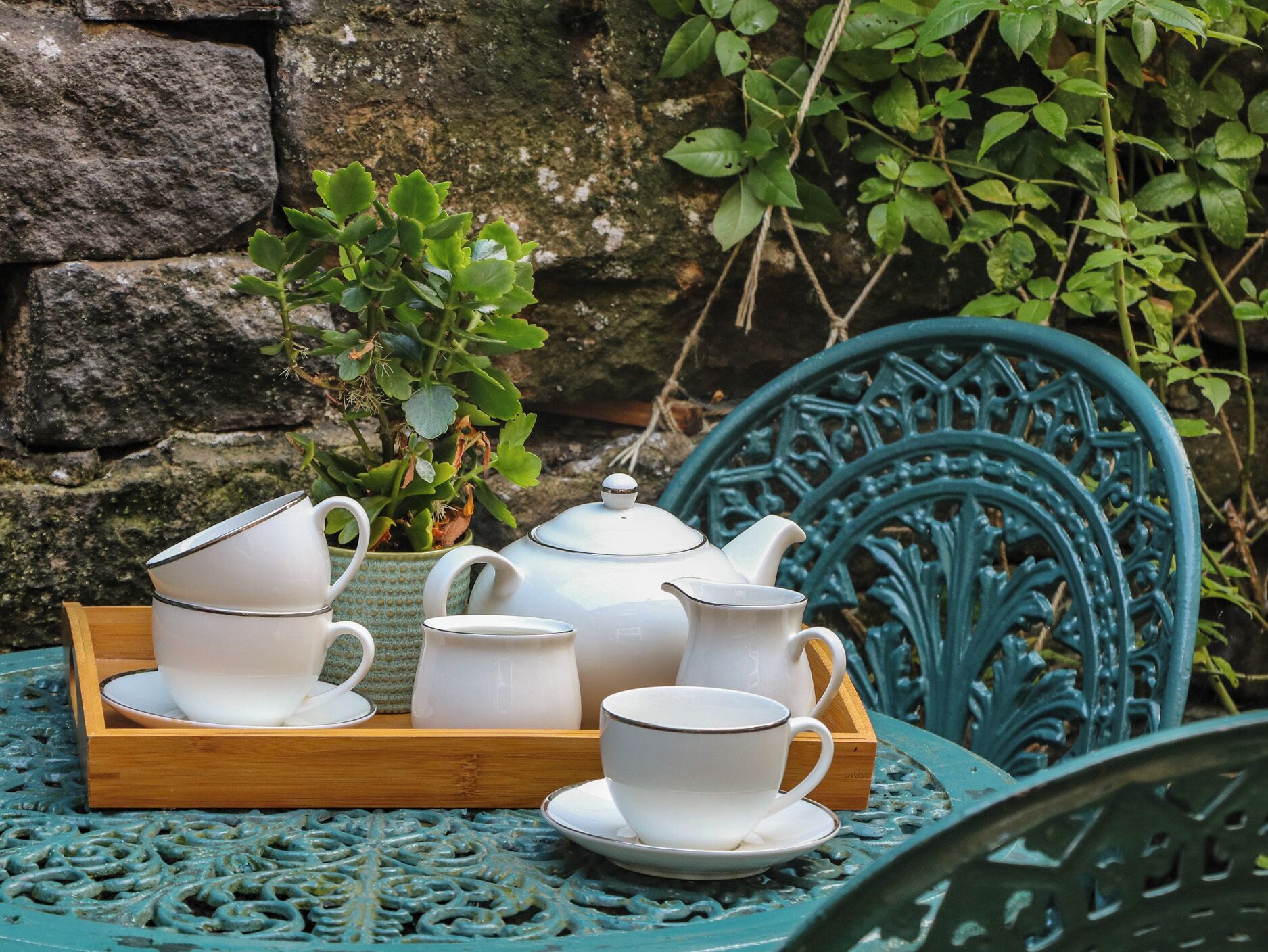 A tray with white tea set and a potted plant.