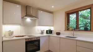 Une cuisine moderne avec des armoires blanches, un four encastré, un four à micro-ondes et une fenêtre donnant sur un paysage verdoyant.