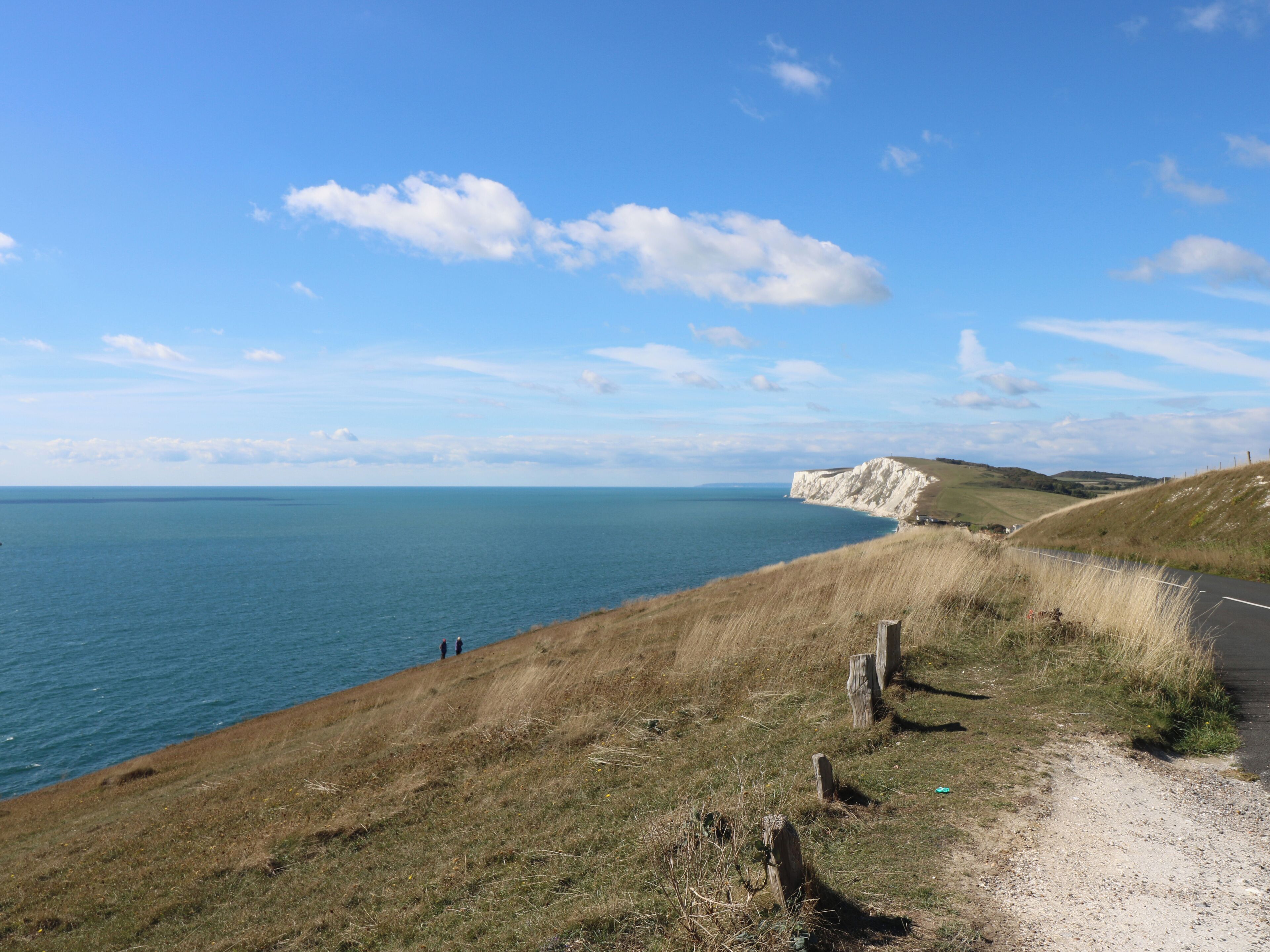 Une route côtière bordée d’une végétation herbeuse et offrant une vue dégagée sur la mer.
