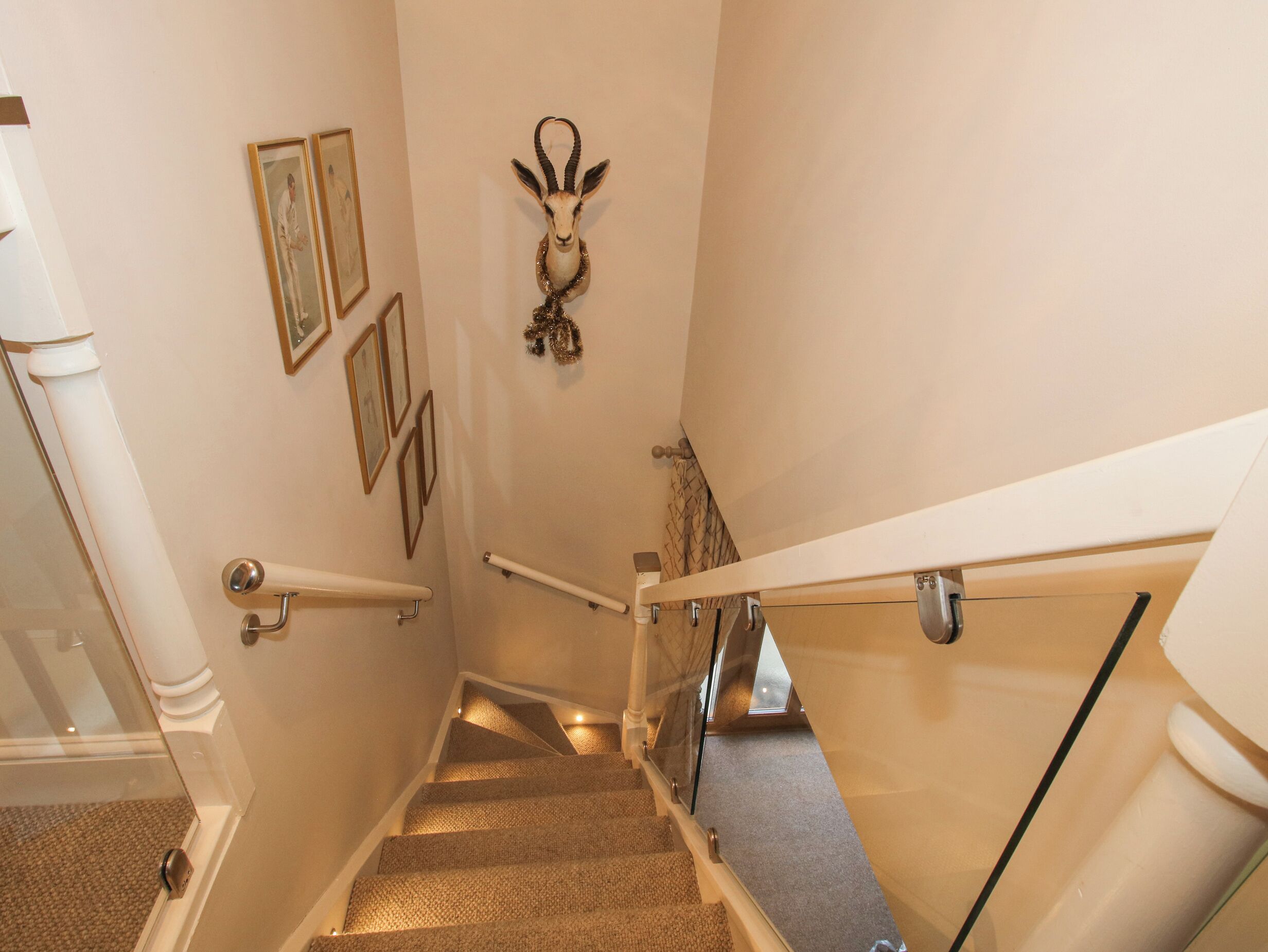 Eine mit Teppich ausgelegte Treppe mit Handläufen, ein an der Wand befestigter dekorativer Tierkopf und gerahmte Bilder.