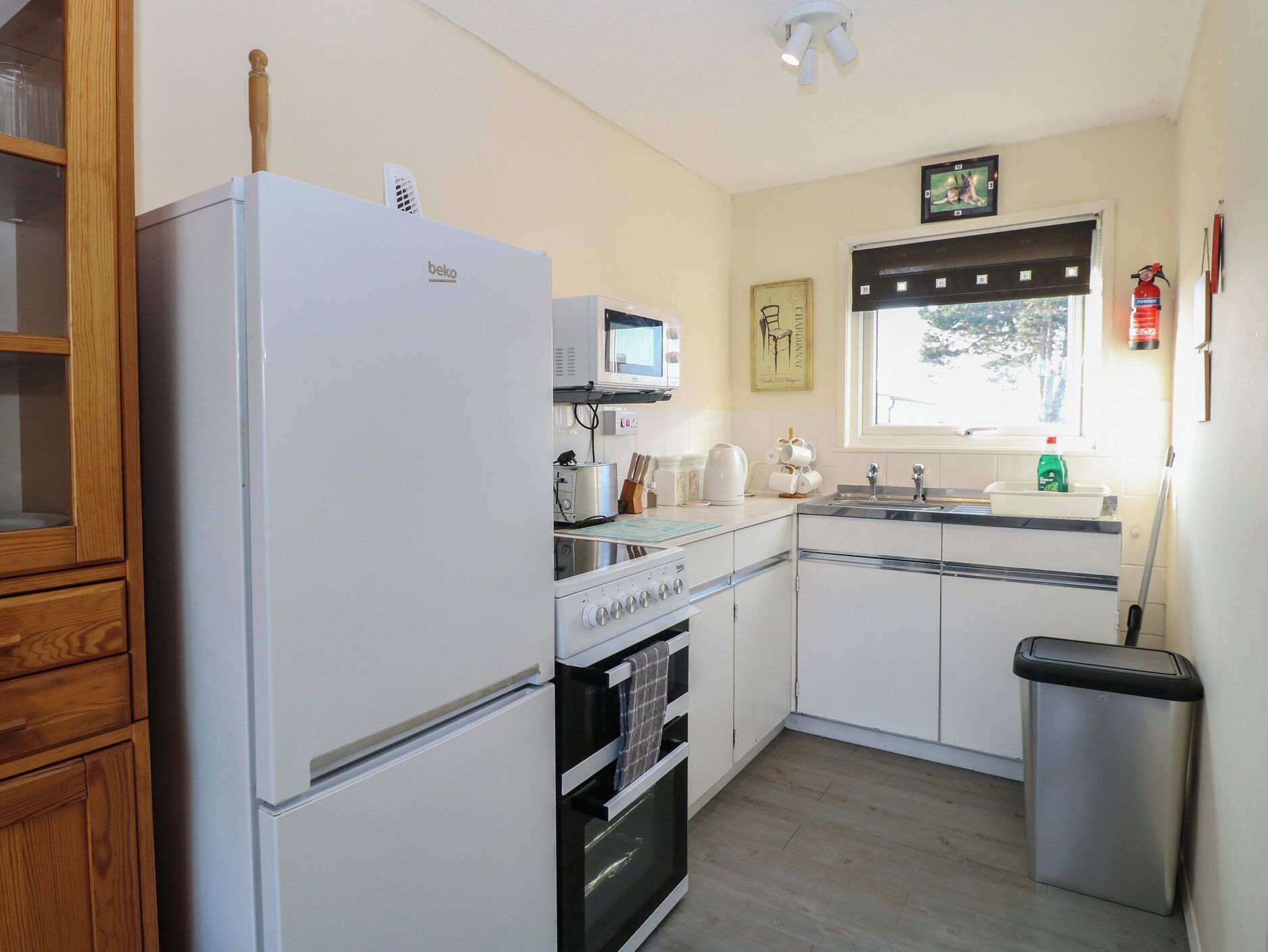 Fridge, microwave, cookware/dishes/utensils