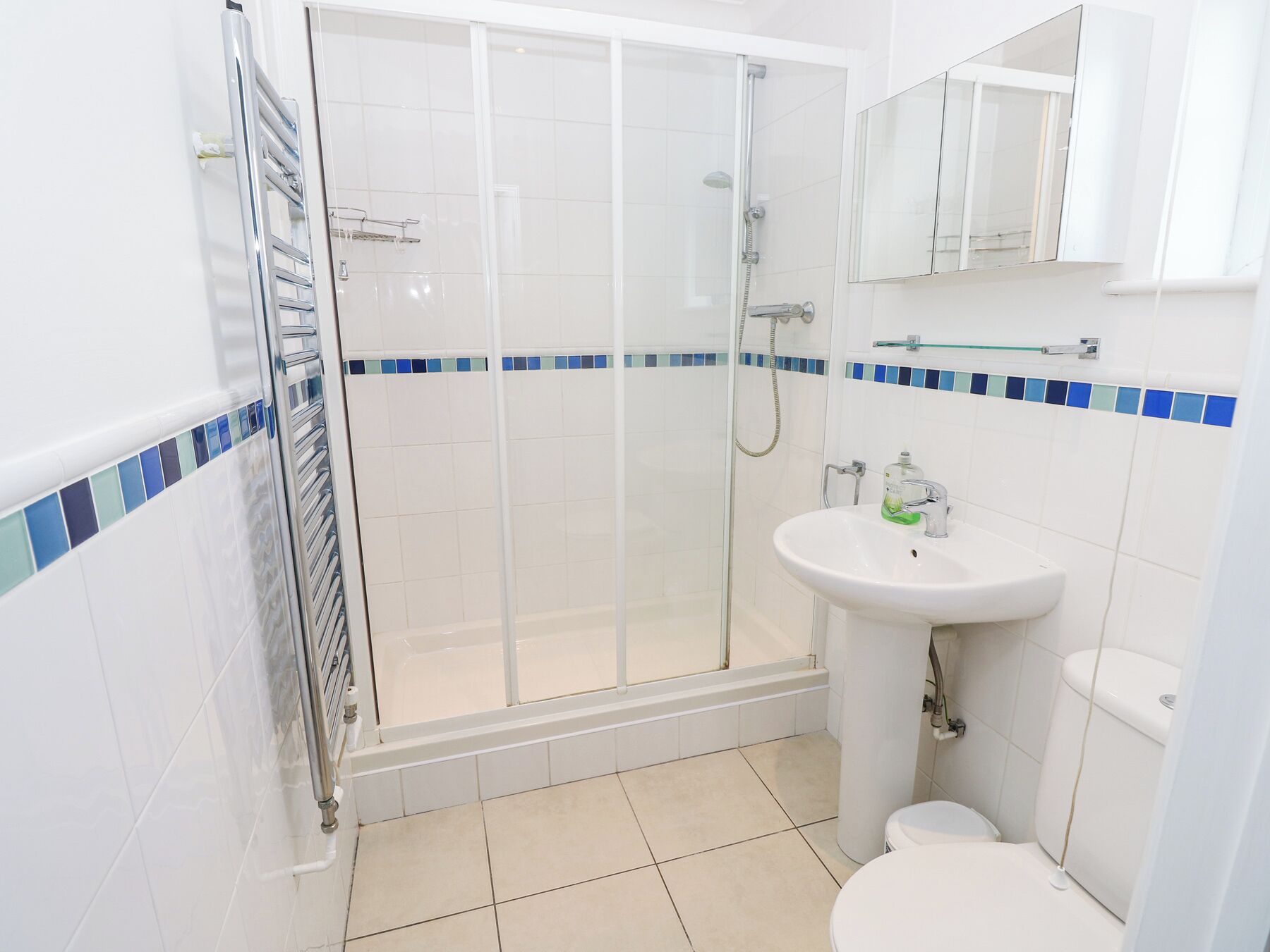 A bathroom with a glass-enclosed shower, a sink with a mirror above, and a toilet.