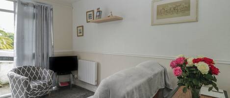 Une pièce comprenant un fauteuil à motifs gris, un téléviseur posé sur un meuble, un radiateur, une petite table avec un vase de fleurs et une fenêtre avec des rideaux.