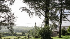 A grassy field with a wooden fence, trees, and a stone building in the background. - The Dairy (Liskeard)