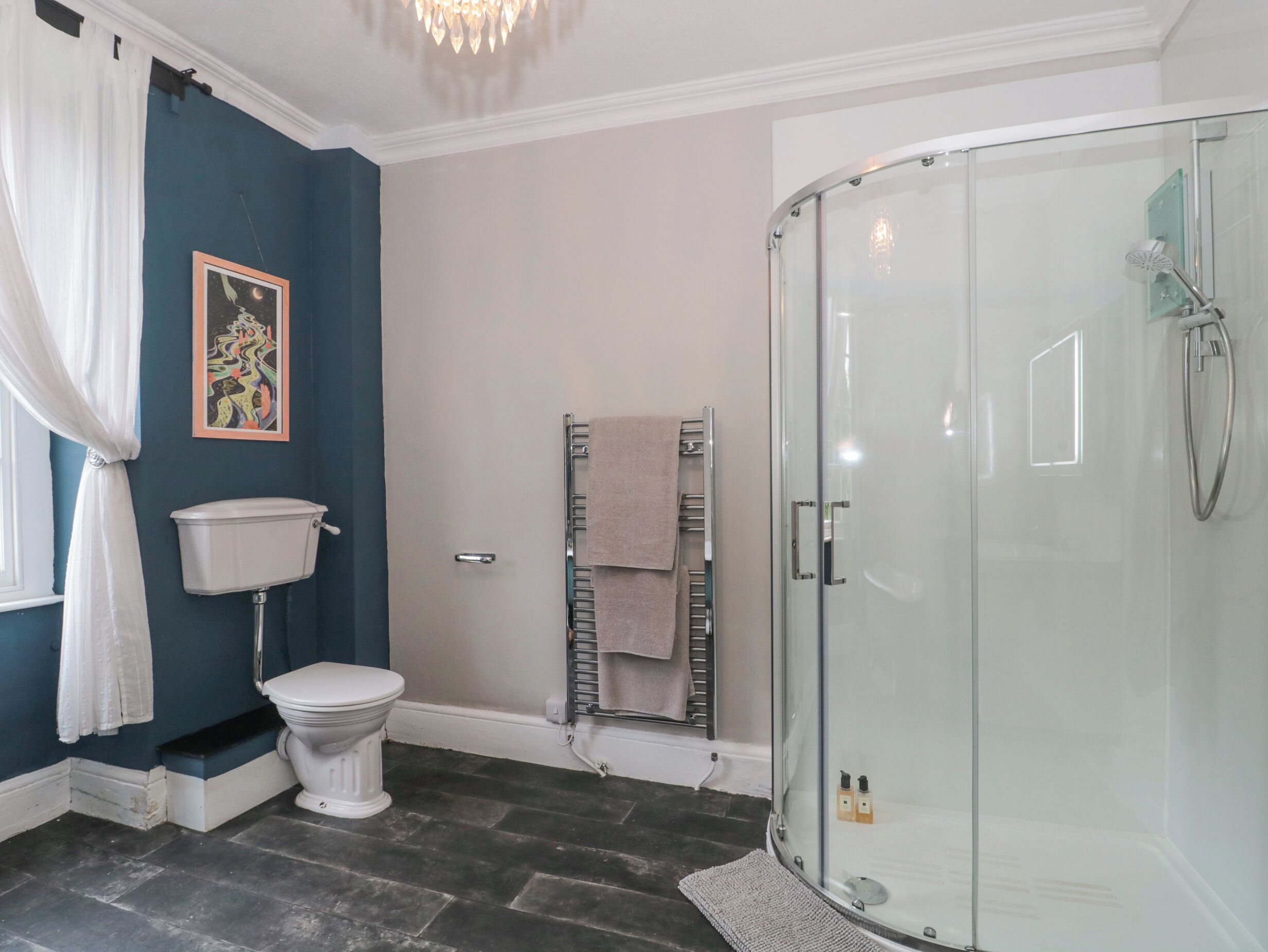 Een badkamer met toilet, een douchecabine van glas, een handdoekhouder en een schilderij aan de muur.