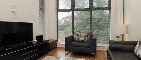 A modern living room with a flat-screen TV, a glass coffee table, a sofa, and a chair with a decorative pillow.