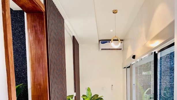 Un pasillo con un revestimiento de listones de madera, una planta en maceta y una puerta de cristal que da al exterior.