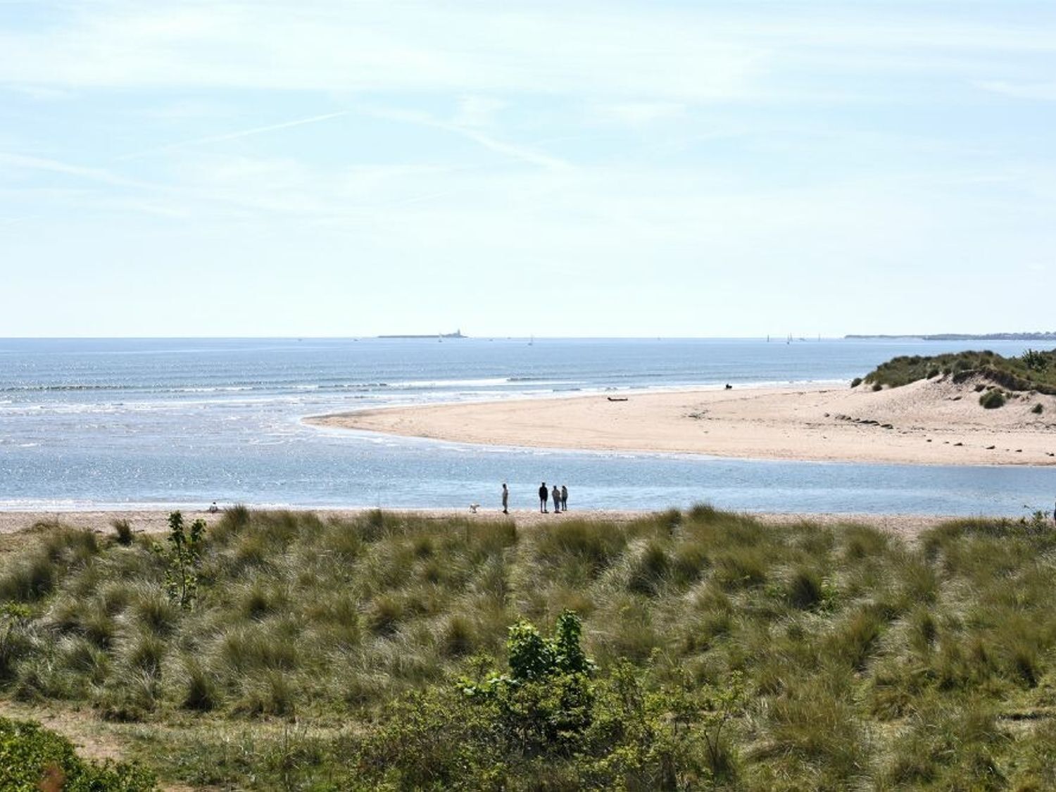 Un paysage côtier avec une plage de sable, des dunes herbeuses et un ciel dégagé.