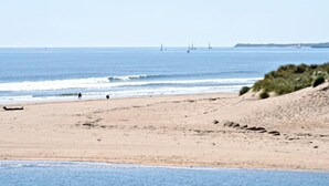 Ein Strand mit sandigem Ufer, einigen Personen und Segelbooten in der Ferne.