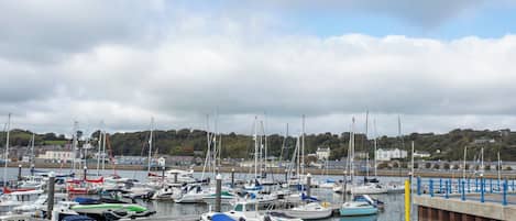 A marina with various boats docked, a wooden pier, and a backdrop of buildings and hills.