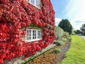 A building covered with red foliage, a clear stream, and a grassy area. - The Cheesehouse (Dorchester)