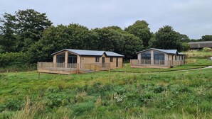 Two wooden cabins with metal roofs, surrounded by lush greenery and trees. - Bay (Ilfracombe)