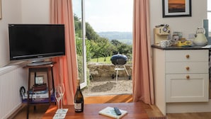 Una stanza con televisione, una bottiglia di vino, un telecomando e vista sulla campagna attraverso una porta in vetro.