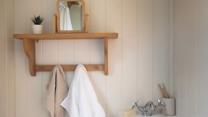 Een badkamer met een houten plank waarop een spiegel en een potplant staan, een handdoekrek met twee handdoeken, een wastafel met een zeepdispenser en een tandenborstelhuis, en een toilet.