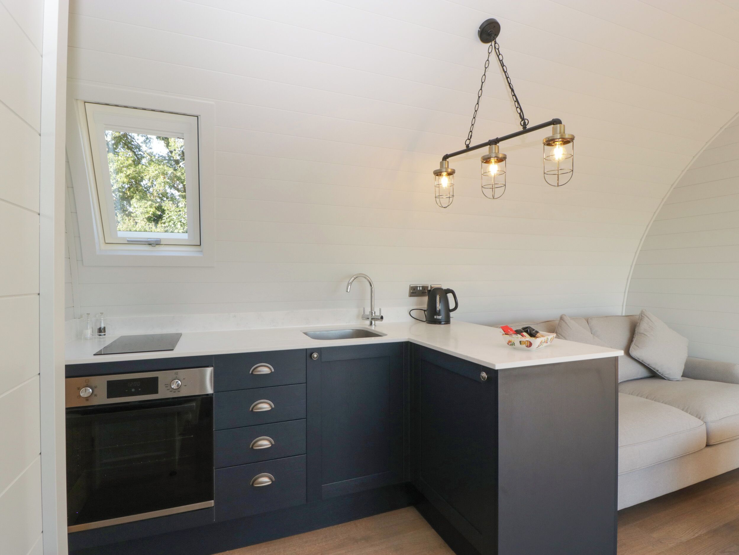 Fridge, electric kettle, cookware/dishes/utensils