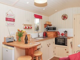 Fridge, electric kettle, cookware/dishes/utensils