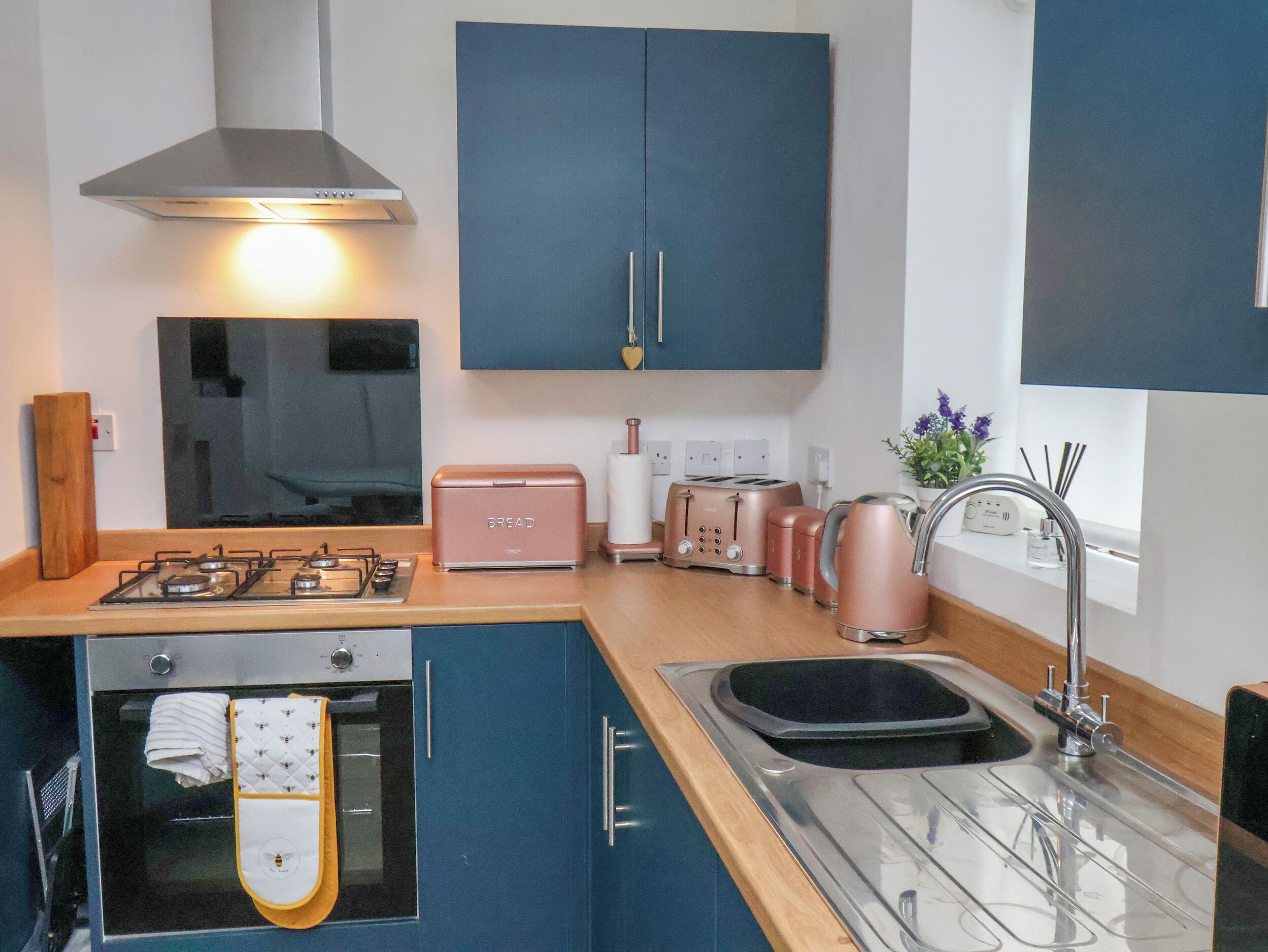 Una cocina moderna con estufa a gas, horno y tostadora. Hay un mueble azul sobre la encimera y una ventana con una planta en la superficie del lavamanos.
