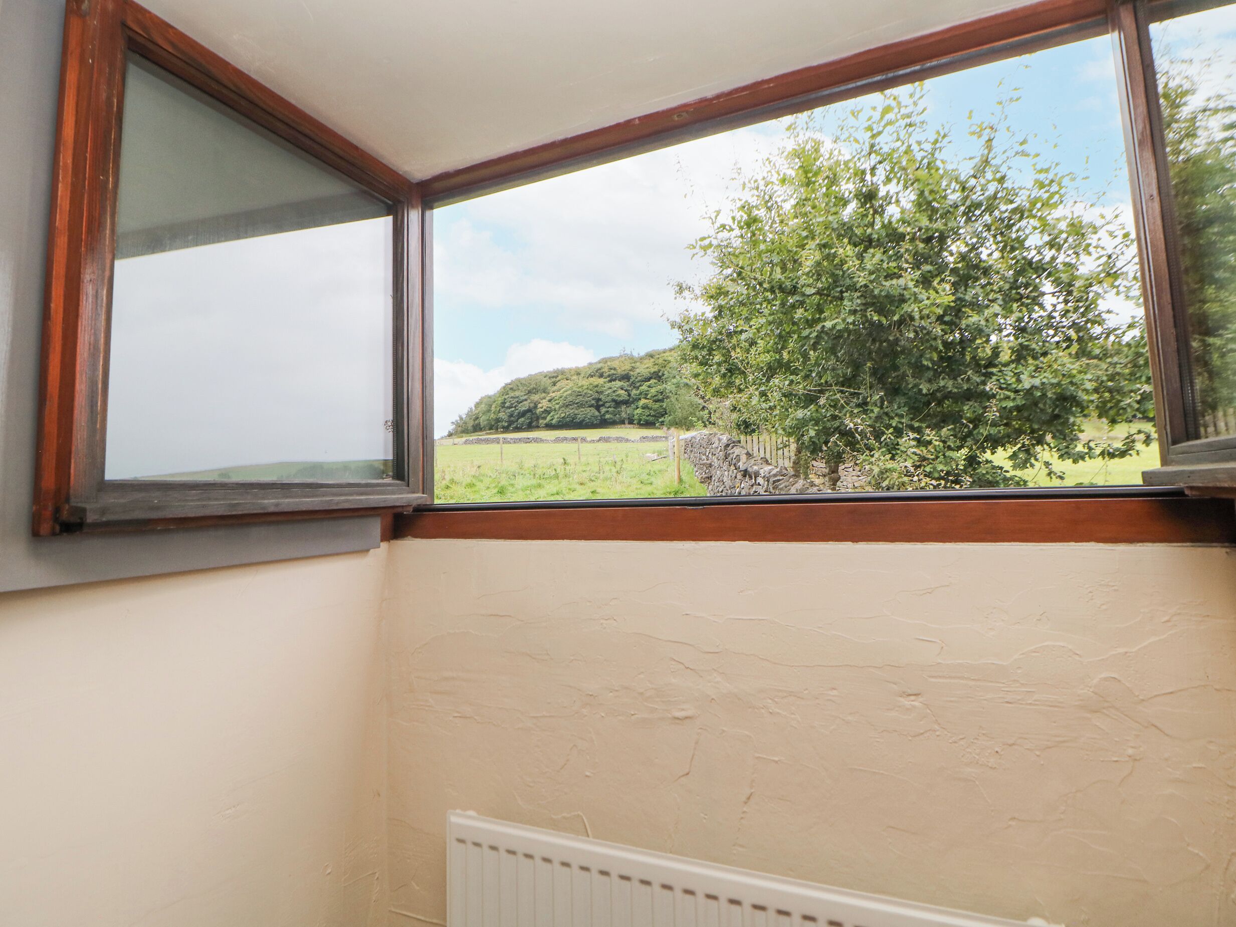 Quarto com vista para um campo verde e uma árvore através de uma janela de moldura de madeira.