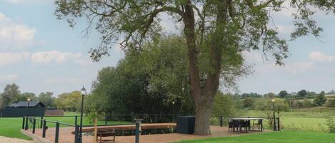 A park with a picnic area, benches, and a large tree.
