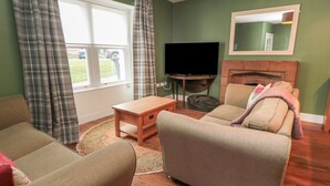 Ein Wohnzimmer mit einer Couch, einem Fernseher, einem Kamin und einem Fenster mit Vorhängen.