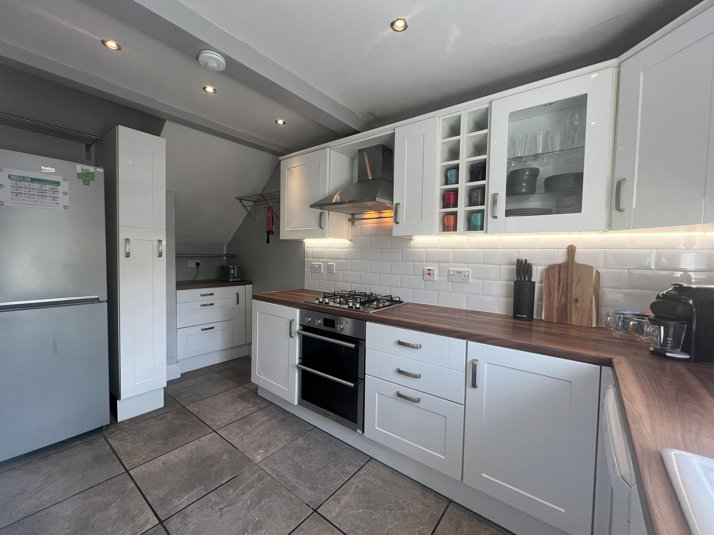 Fridge, dishwasher, electric kettle, toaster