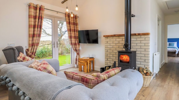 Una sala de estar acogedora con sofá, chimenea, televisor y vistas al exterior.