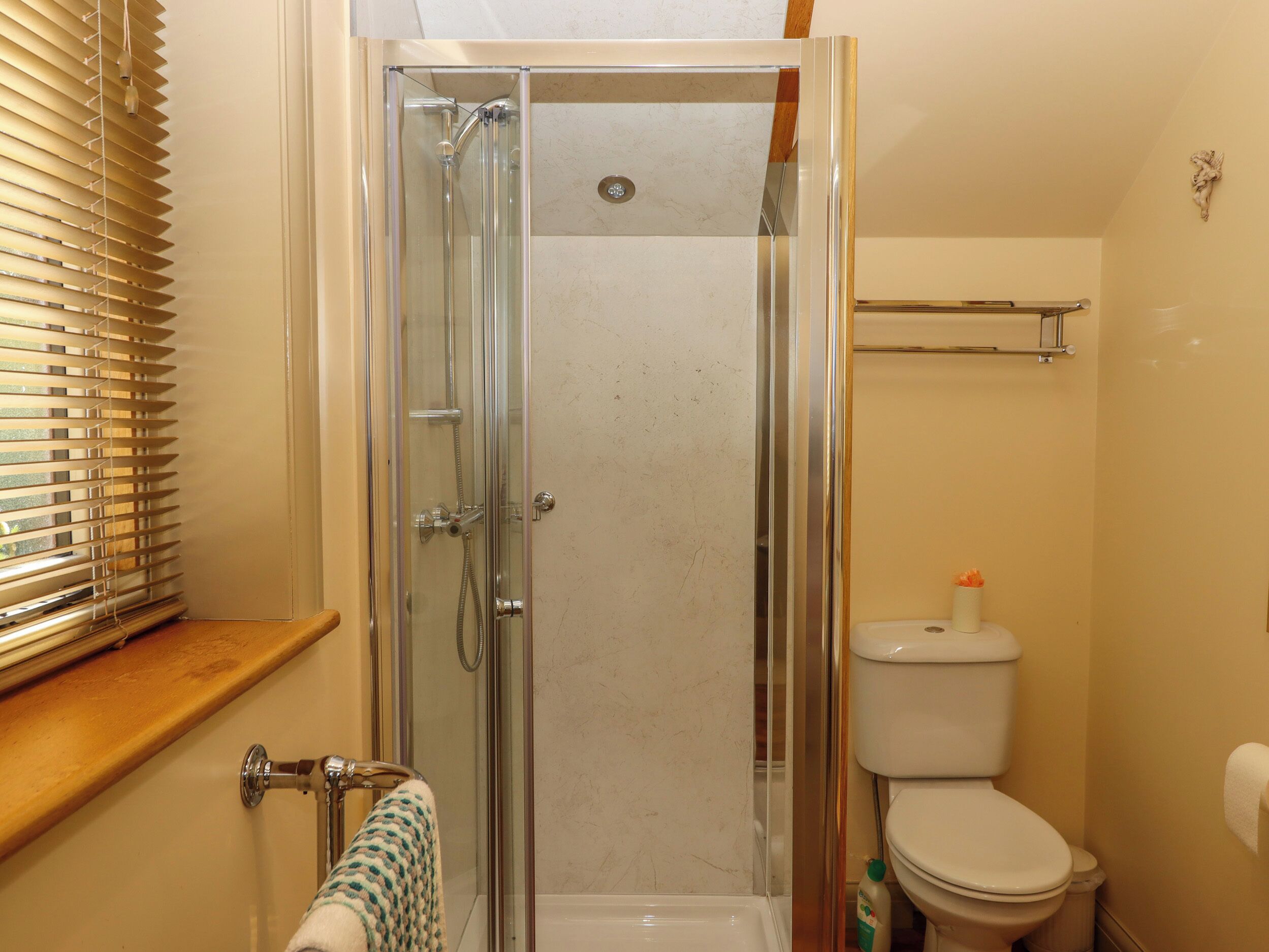 Een badkamer met een douchecabine van glas, een toilet en een raam met zonwering.