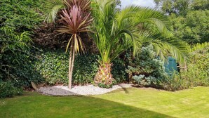 A well-maintained garden with a variety of plants, including a prominent palm tree, surrounded by lush greenery and a neatly trimmed lawn. - Trestar (Wadebridge)