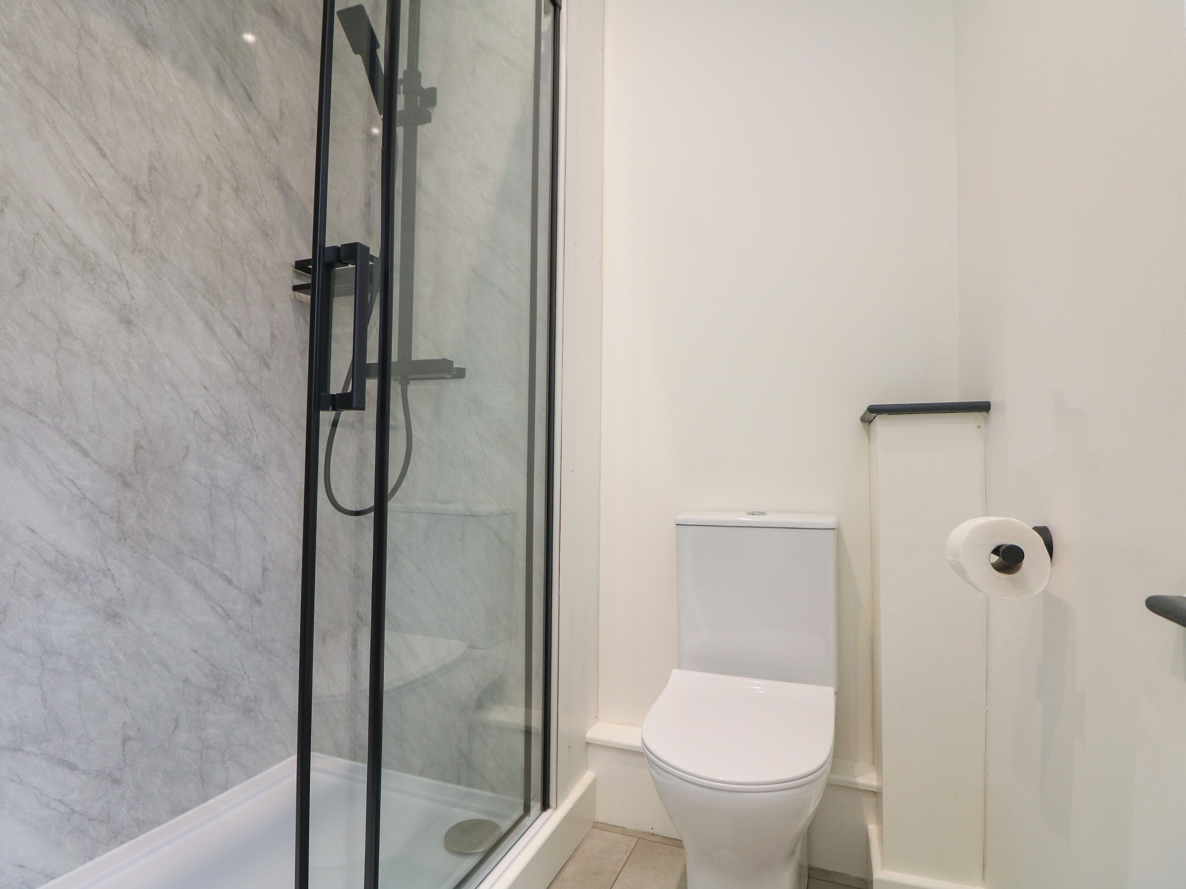 A bathroom with a glass-enclosed shower, a white toilet, and a roll of toilet paper on the wall.
