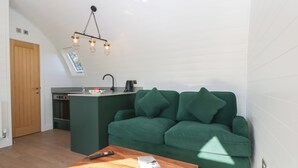 A compact living space with a green sofa, a wooden coffee table, a kitchen area with a sink and stove, and a hanging light fixture. - Leadon View Willow (Newent)